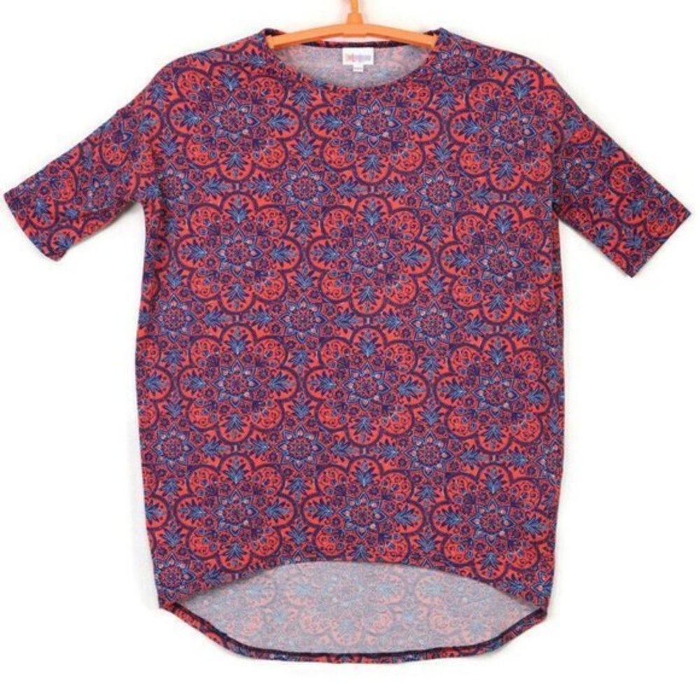 LuLaRoe Irma Shirt T-Shirt Top Tunic Neon Orange‎ Blue Floral USA XXS
